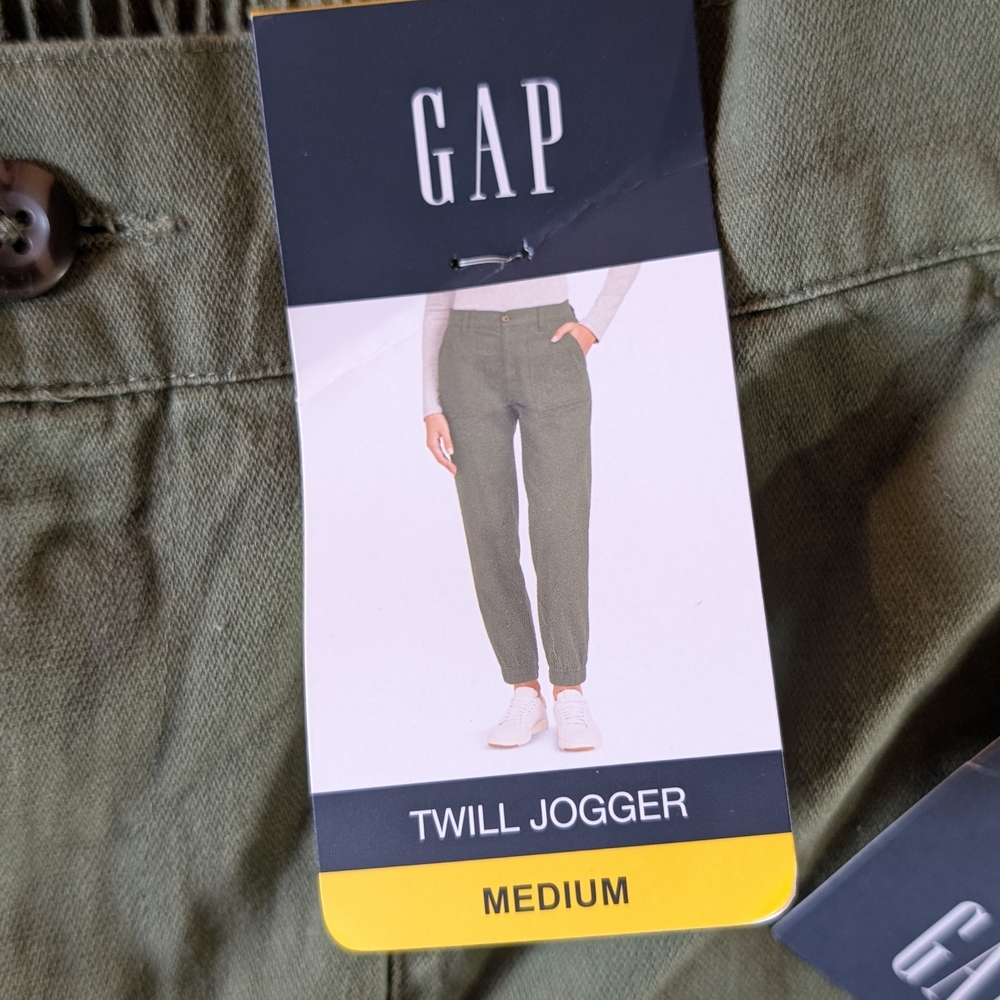 GAP Twill Jogger Olive Green Pants Elastic Waist Pockets Button Women's Casual M - Picture 4 of 7